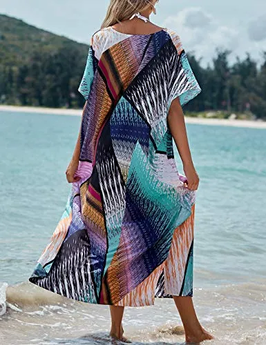 V-Neck Beach Kaftan Maxi Cover-Up with Colorful Print