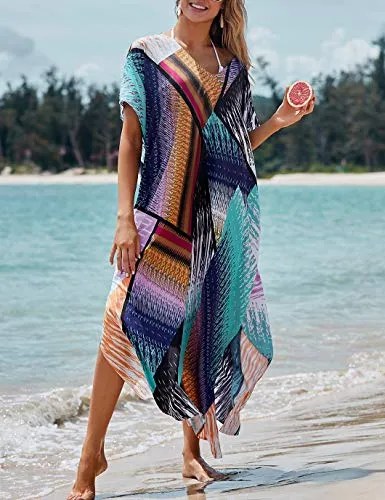 V-Neck Beach Kaftan Maxi Cover-Up with Colorful Print