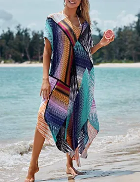 V-Neck Beach Kaftan Maxi Cover-Up with Colorful Print