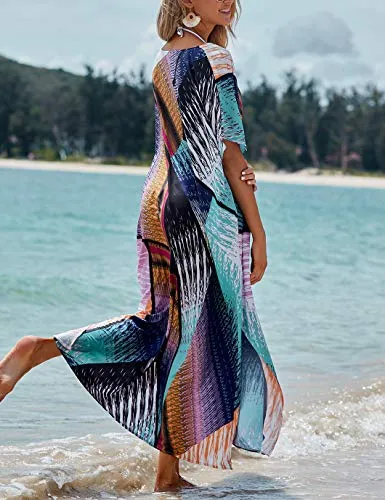 V-Neck Beach Kaftan Maxi Cover-Up with Colorful Print