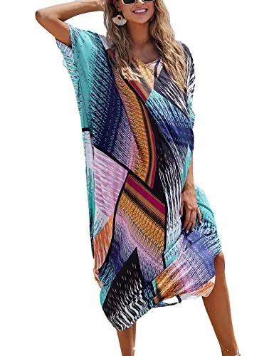 V-Neck Beach Kaftan Maxi Cover-Up with Colorful Print