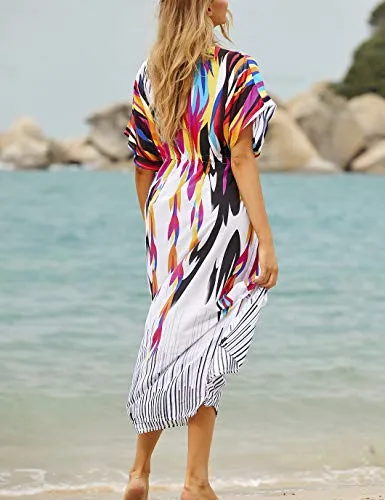 V-Neck Colorful Print Beach Kaftan Dress with Drawstring Belt