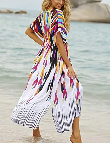 V-Neck Colorful Print Beach Kaftan Dress with Drawstring Belt