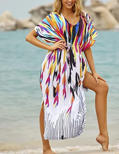 V-Neck Colorful Print Beach Kaftan Dress with Drawstring Belt