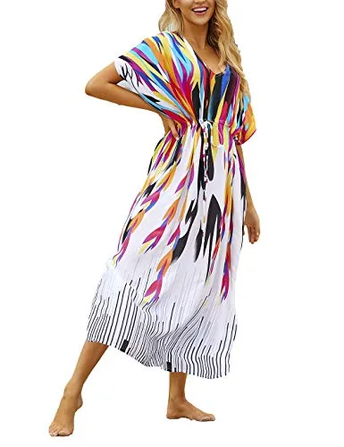 V-Neck Colorful Print Beach Kaftan Dress with Drawstring Belt