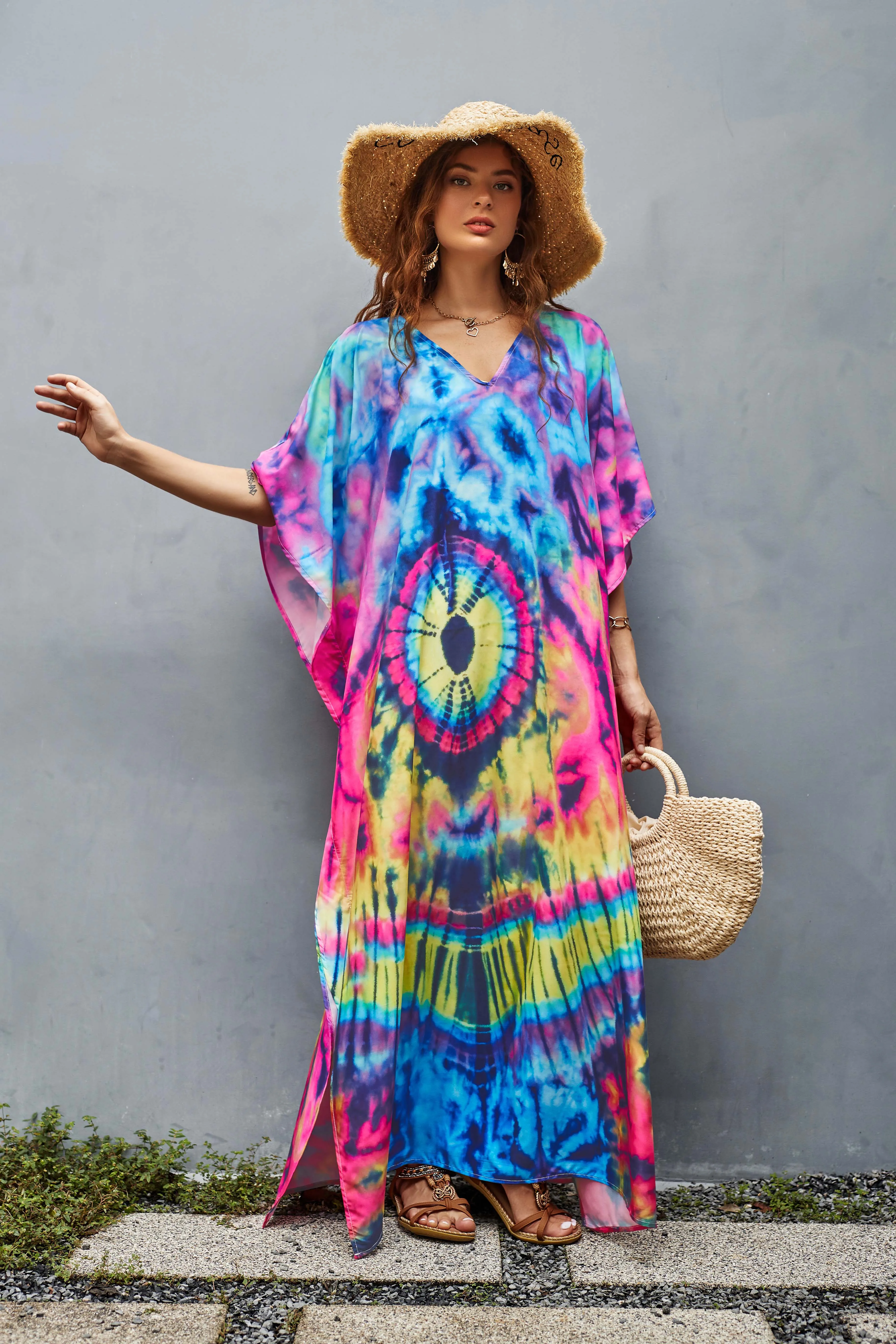 V-Neck Ethnic Print Plus Size Kaftan for Women Beach Cover Up