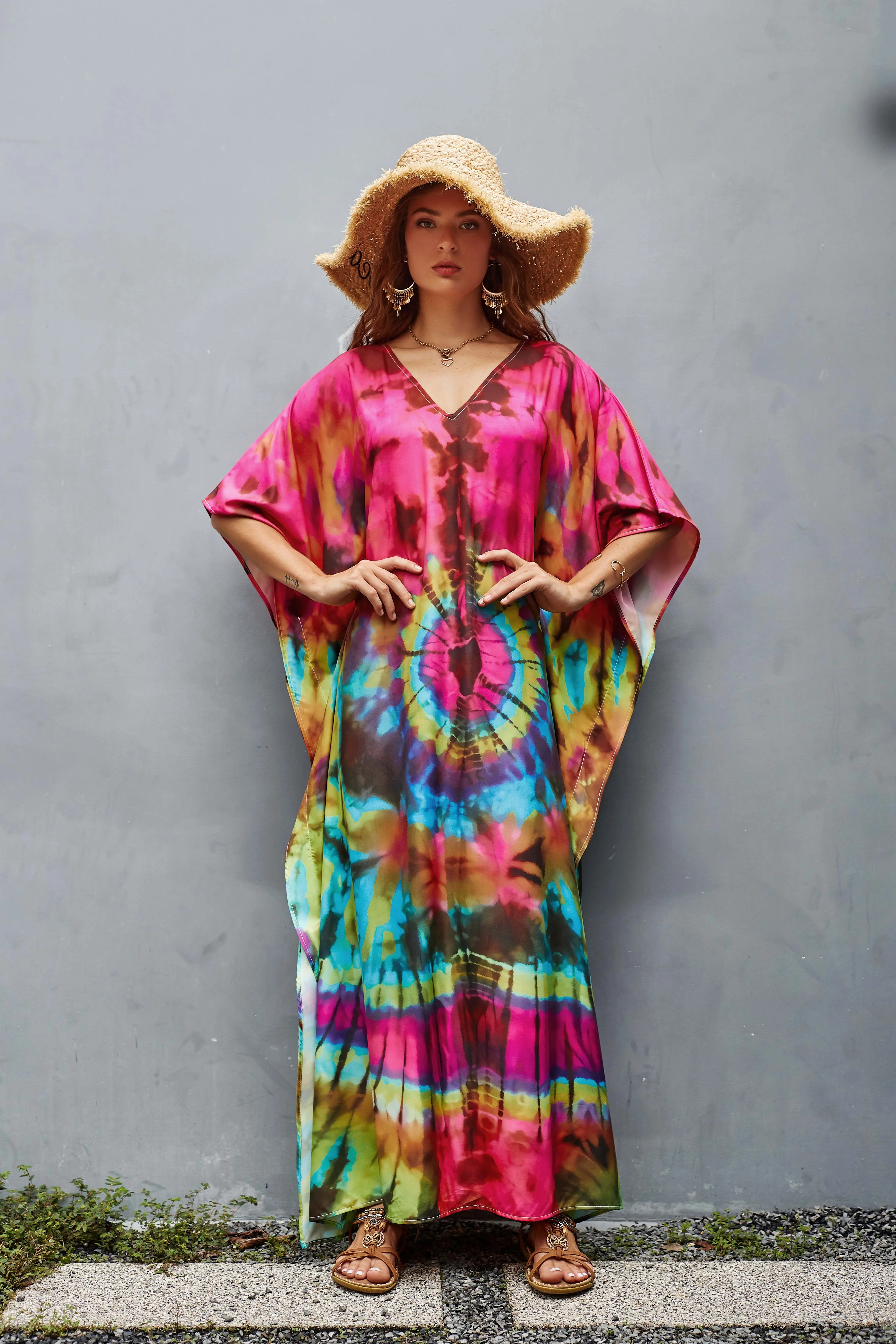 V-Neck Ethnic Print Plus Size Kaftan for Women Beach Cover Up