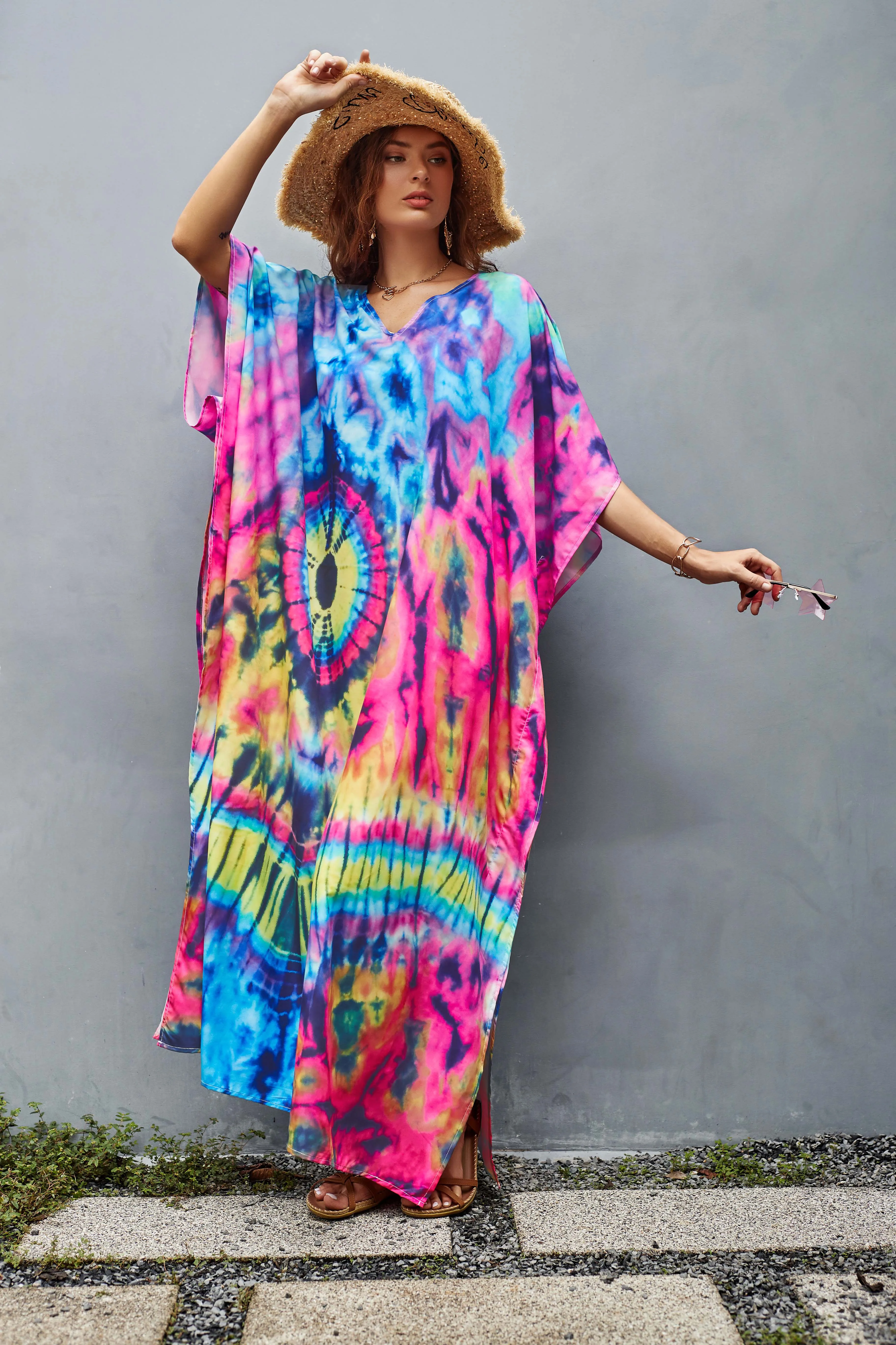 V-Neck Ethnic Print Plus Size Kaftan for Women Beach Cover Up