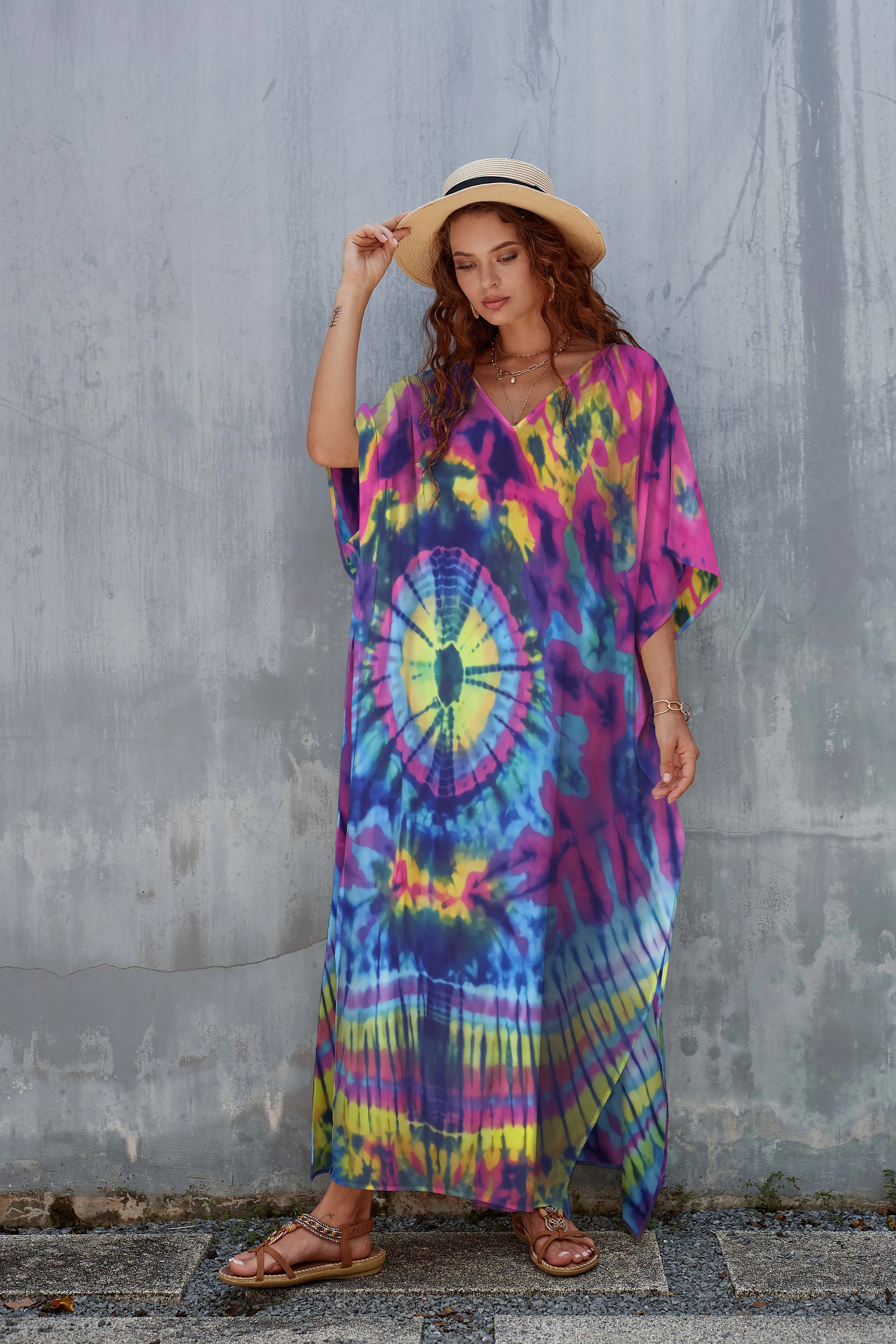 V-Neck Ethnic Print Plus Size Kaftan for Women Beach Cover Up