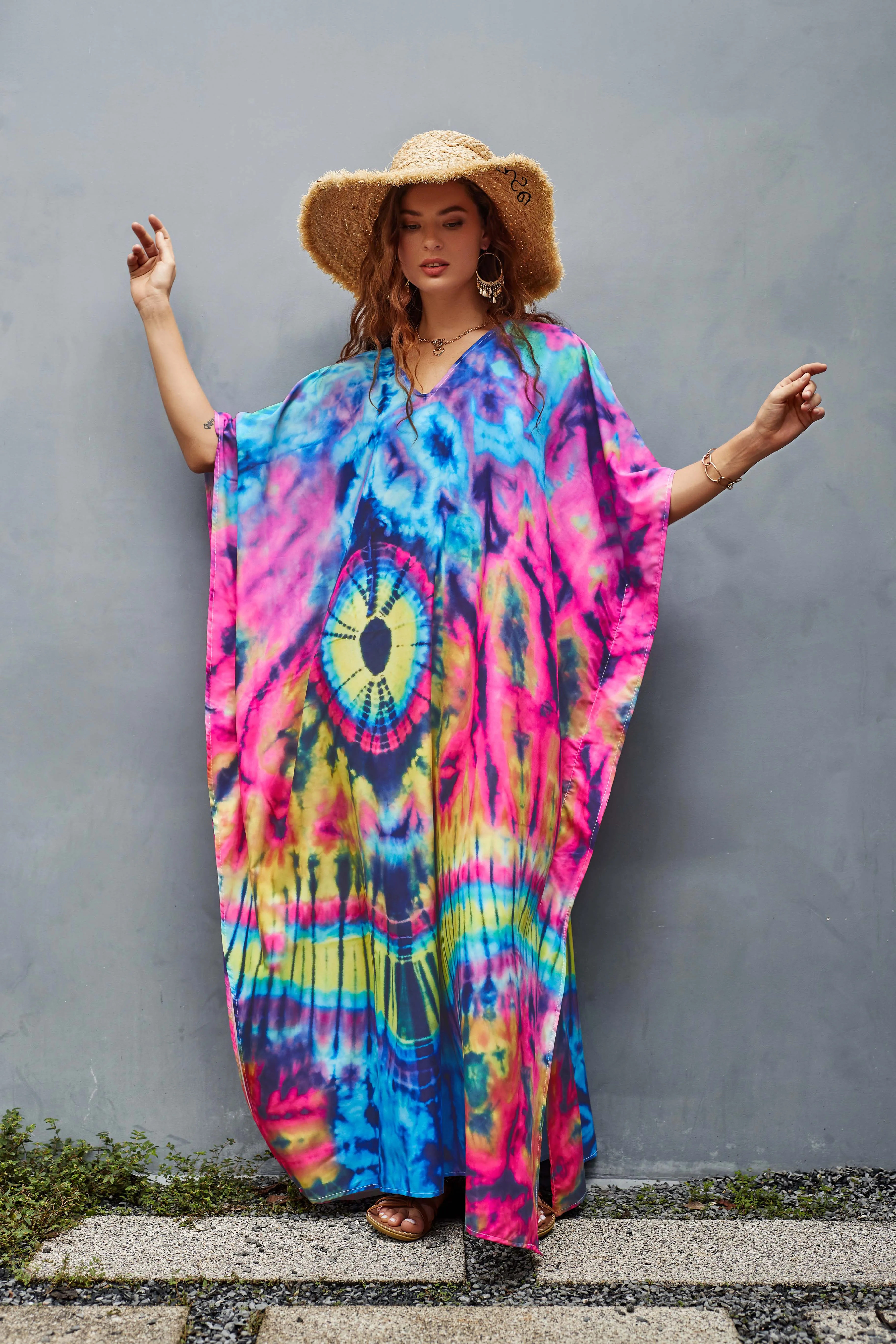 V-Neck Ethnic Print Plus Size Kaftan for Women Beach Cover Up