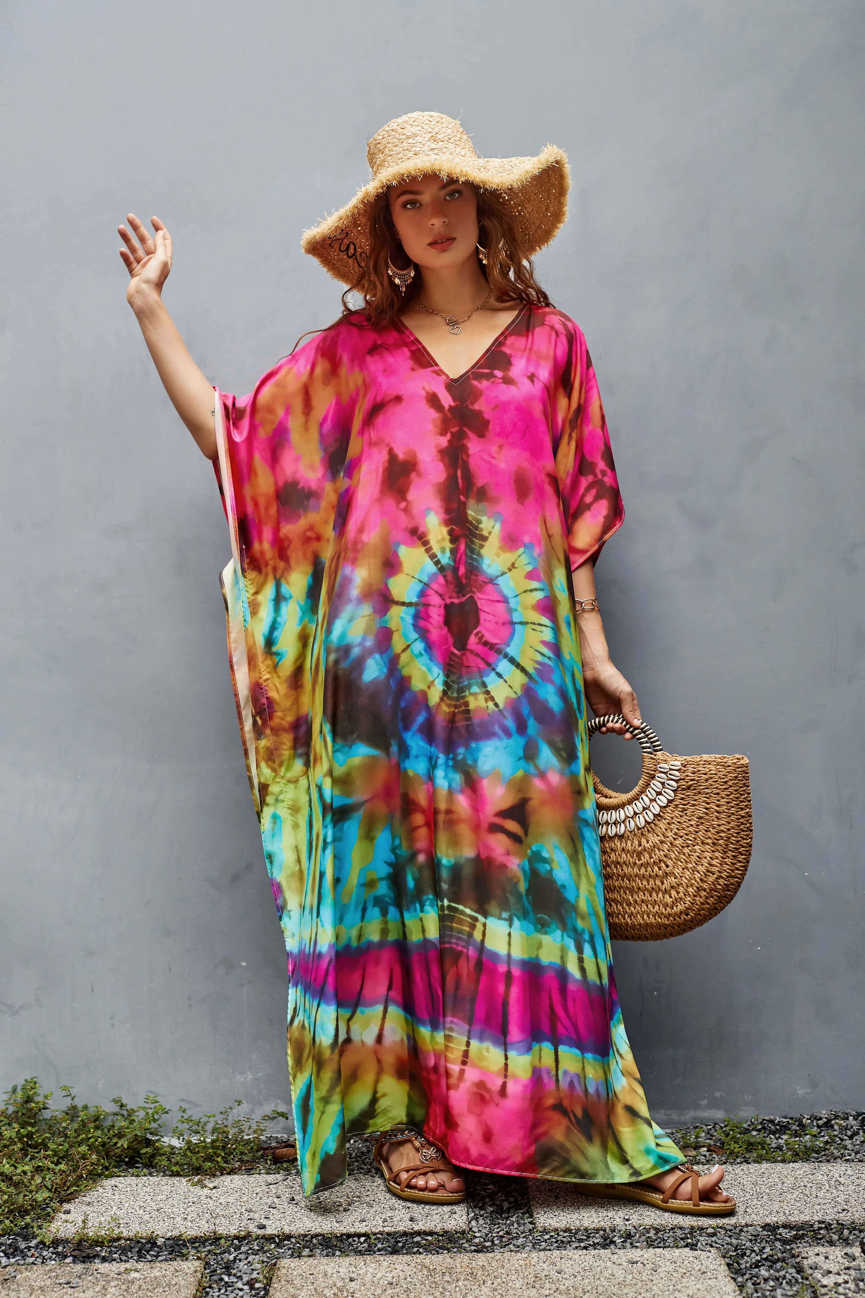 V-Neck Ethnic Print Plus Size Kaftan for Women Beach Cover Up