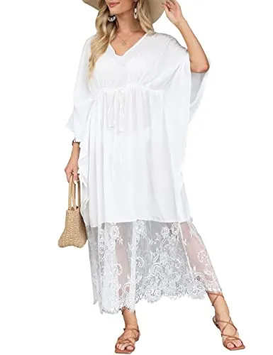 V-Neck Lace Hem Swimsuit Cover Up for Women's Beach Kaftans