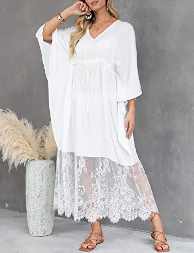 V-Neck Lace Hem Swimsuit Cover Up for Women's Beach Kaftans