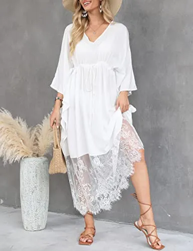 V-Neck Lace Hem Swimsuit Cover Up for Women's Beach Kaftans