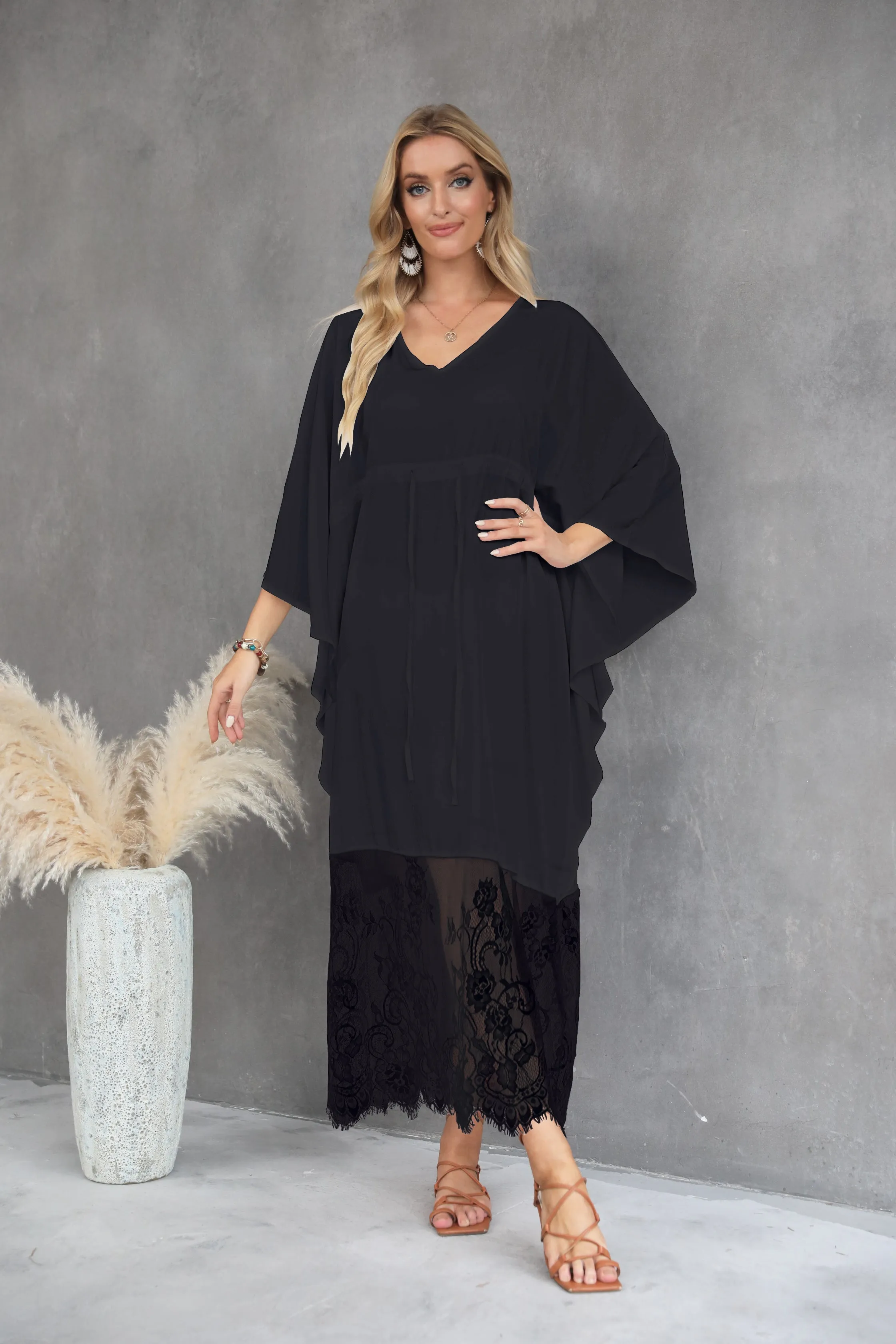 V-Neck Lace Hem Swimsuit Cover Up for Women's Beach Kaftans