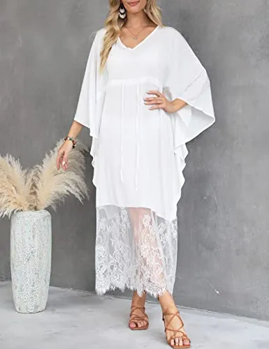 V-Neck Lace Hem Swimsuit Cover Up for Women's Beach Kaftans