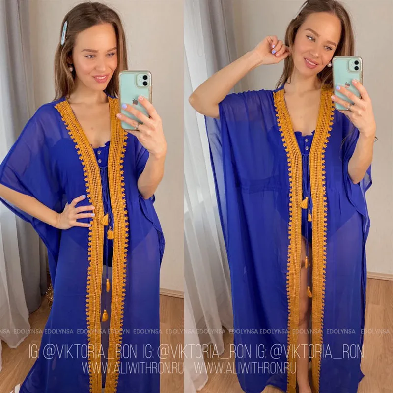 VenusFox Bikini Cover-ups Blue Bohemian Embroiedred Chiffon Long Kimono Cardigan Plus Size Women Beach Wear Swim Suit Cover Up Q1006