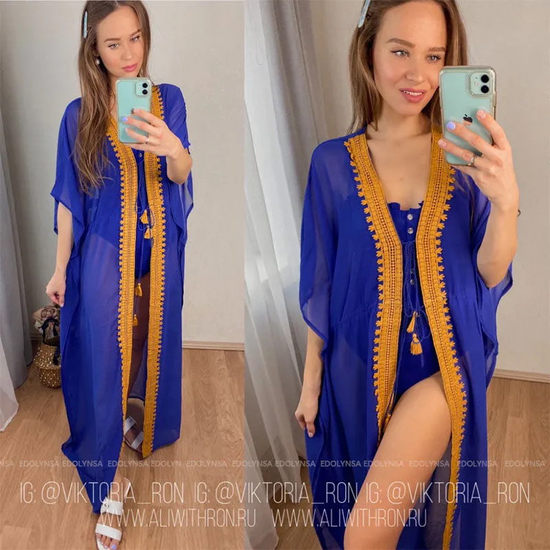 VenusFox Bikini Cover-ups Blue Bohemian Embroiedred Chiffon Long Kimono Cardigan Plus Size Women Beach Wear Swim Suit Cover Up Q1006