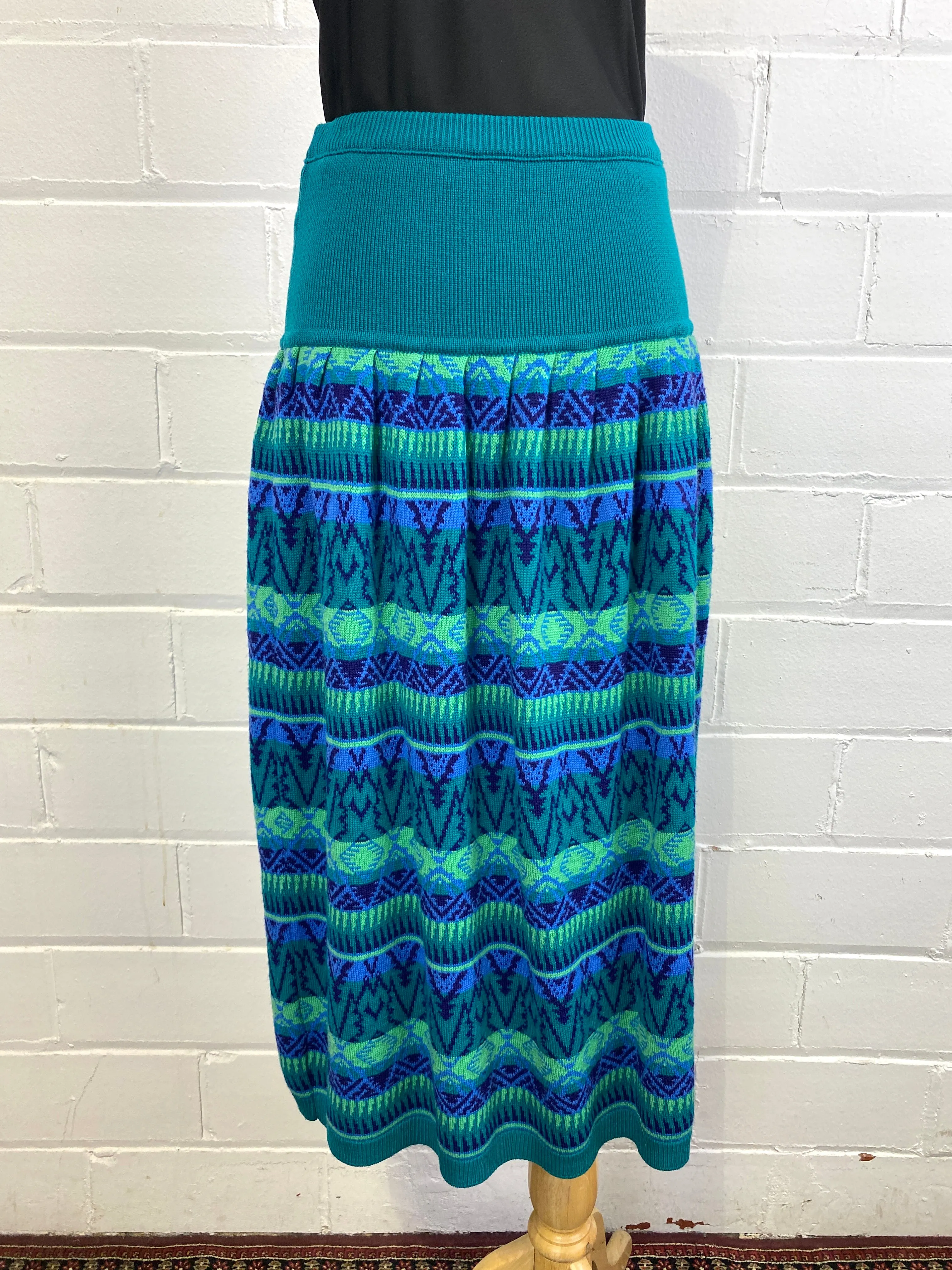 Vintage 1980s Rodier Teal Fair Isle Knit Dropwaist Midi Skirt, Medium