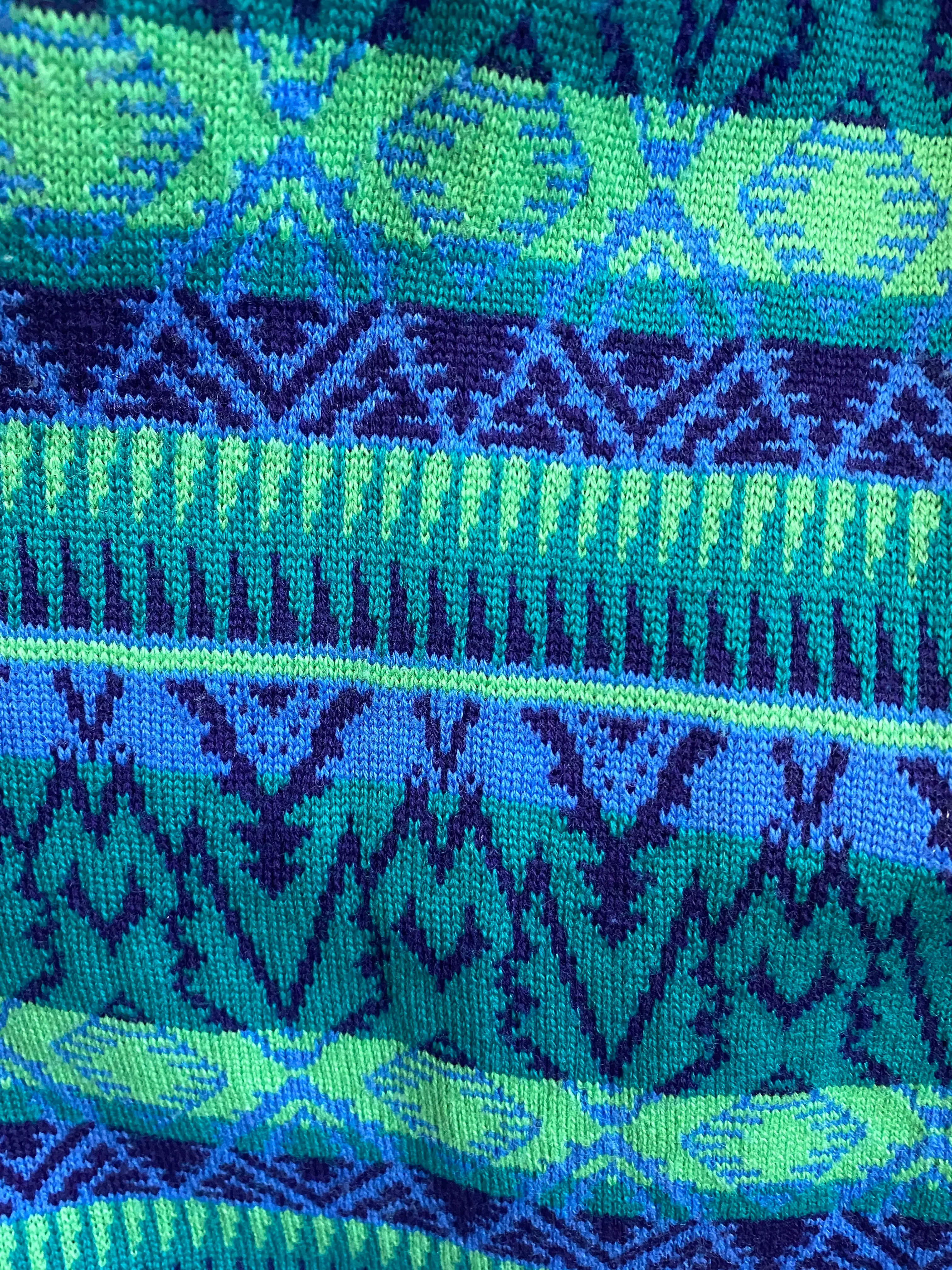 Vintage 1980s Rodier Teal Fair Isle Knit Dropwaist Midi Skirt, Medium