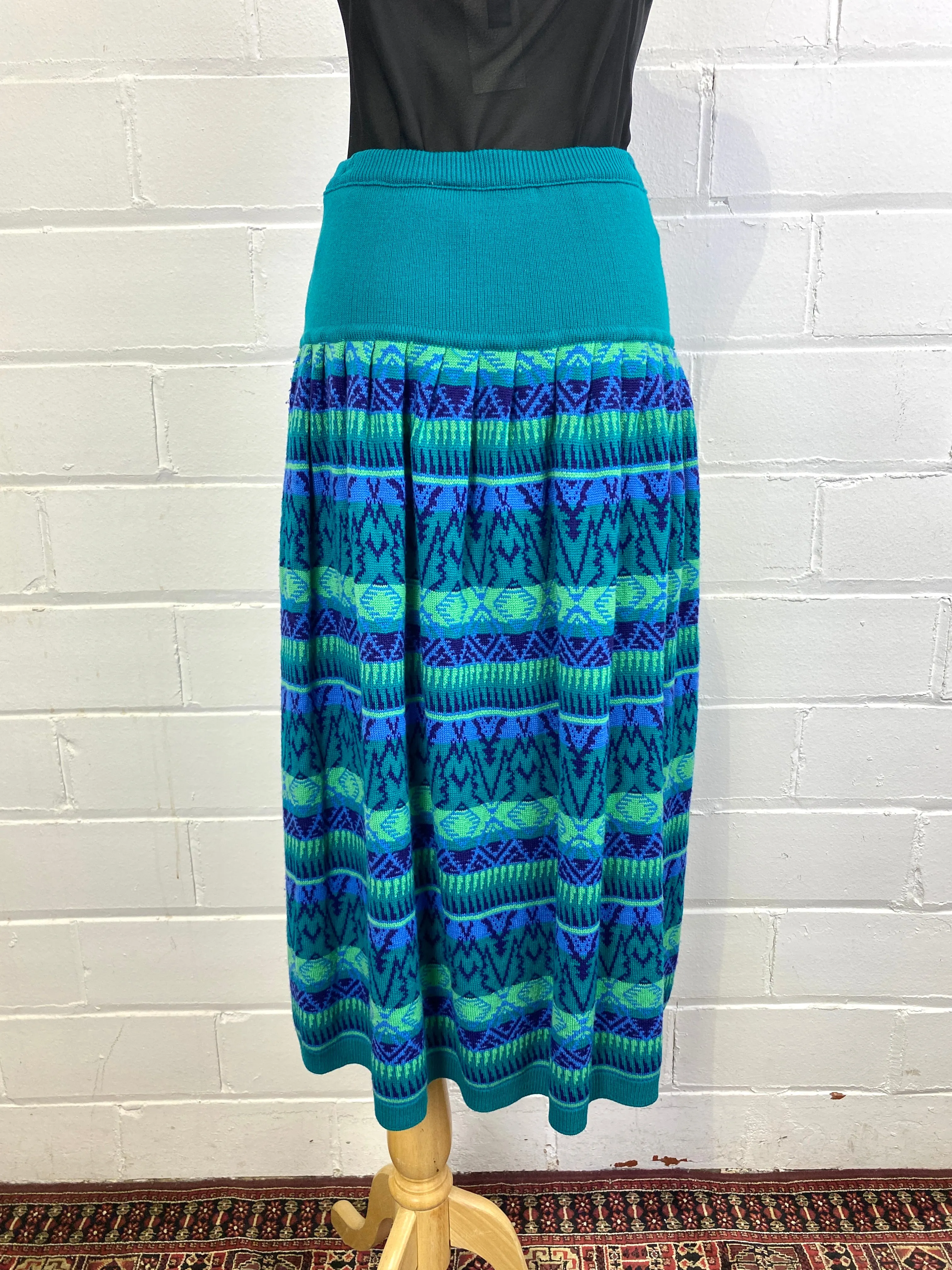 Vintage 1980s Rodier Teal Fair Isle Knit Dropwaist Midi Skirt, Medium