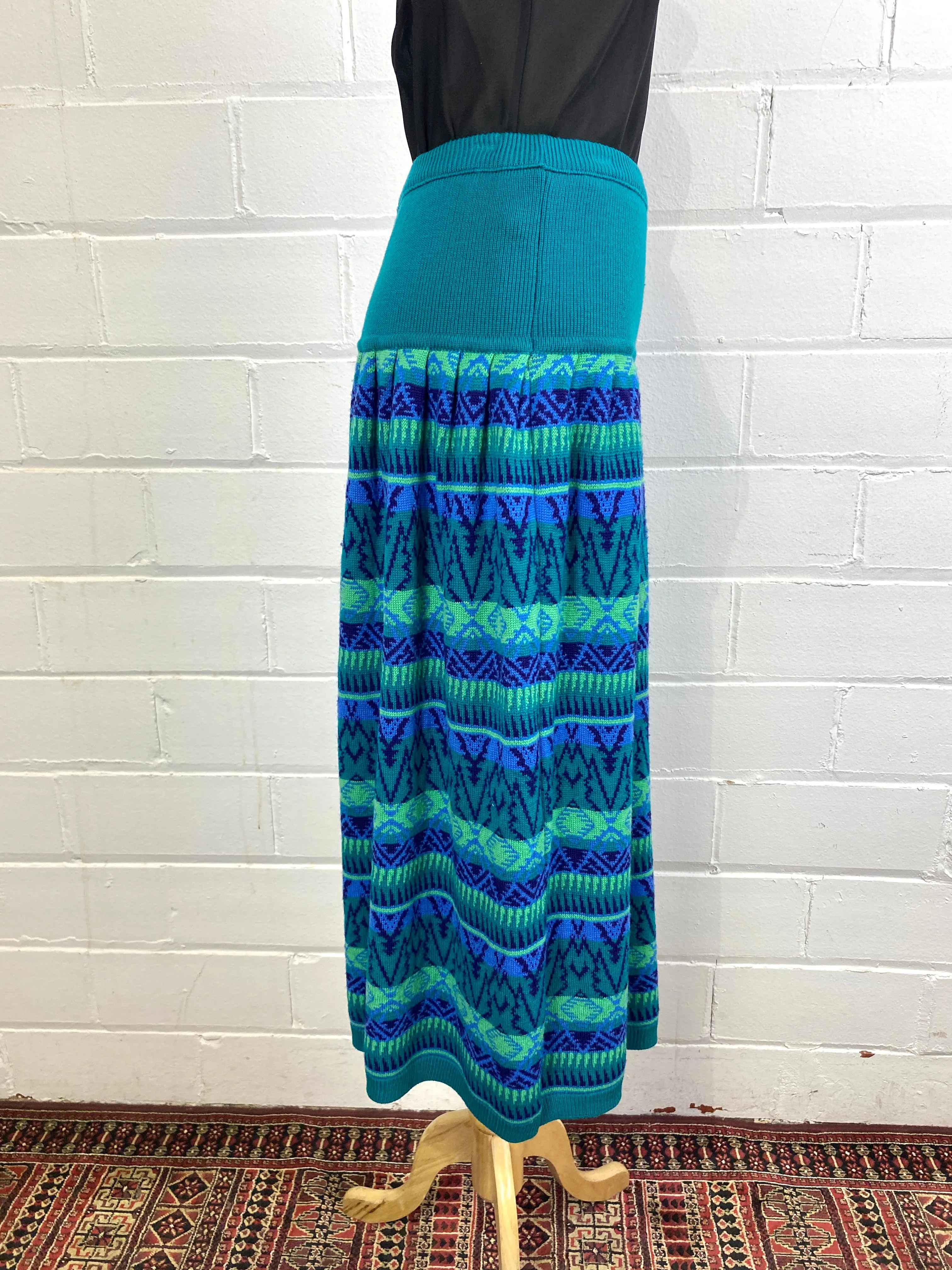 Vintage 1980s Rodier Teal Fair Isle Knit Dropwaist Midi Skirt, Medium