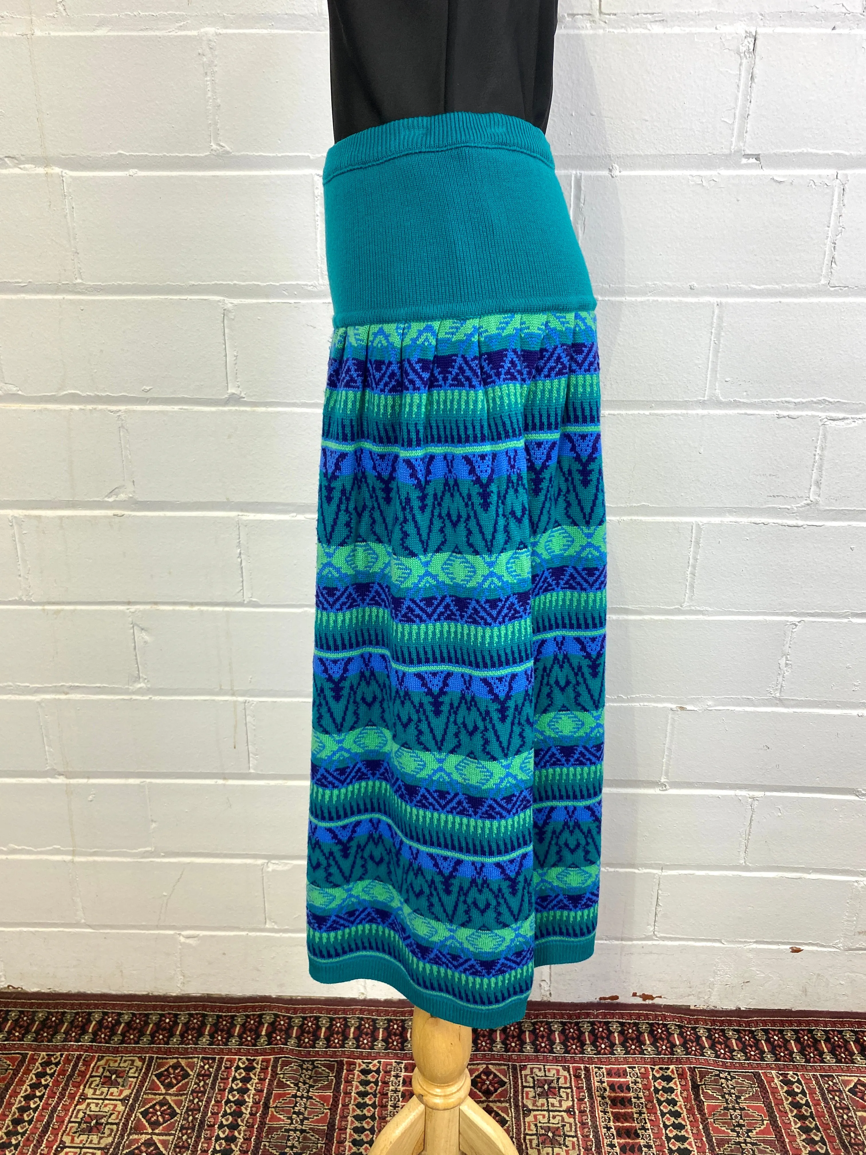 Vintage 1980s Rodier Teal Fair Isle Knit Dropwaist Midi Skirt, Medium