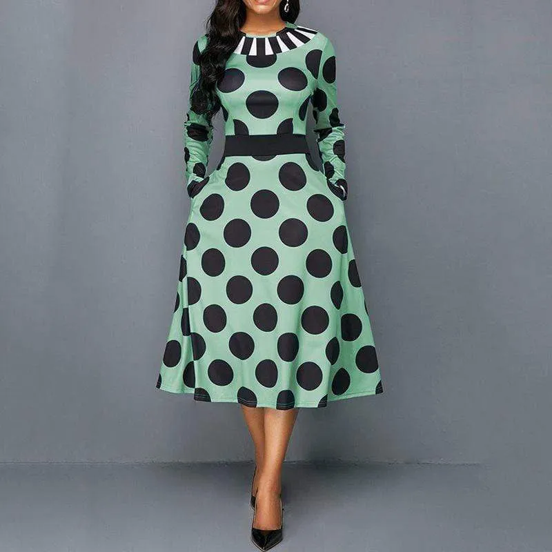 Vintage Women Dresses Big Swing Pocket Print Polka Dots Retro Female Midi Dress Summer Sweet Plus Size Elegant Party Office Lady