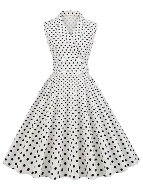 White 1950s Polka Dot Lapel Swing Dress