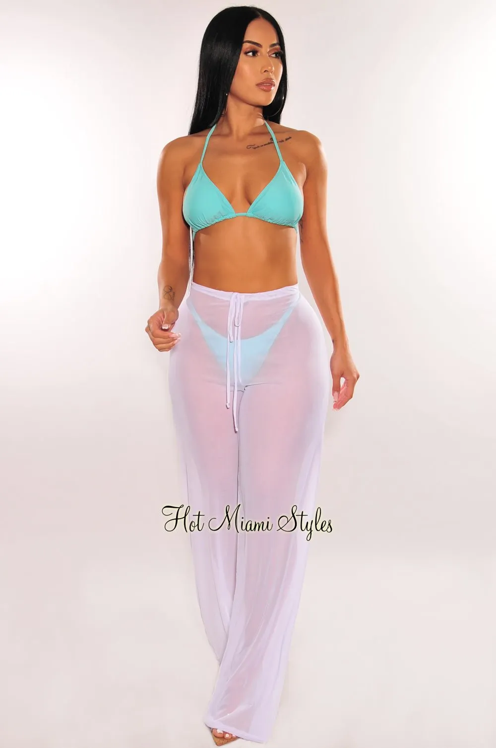 White Mesh Drawstring Palazzo Cover Up Pants