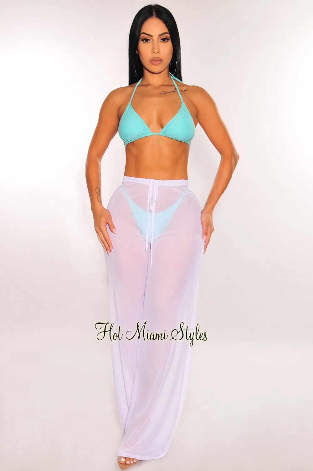 White Mesh Drawstring Palazzo Cover Up Pants