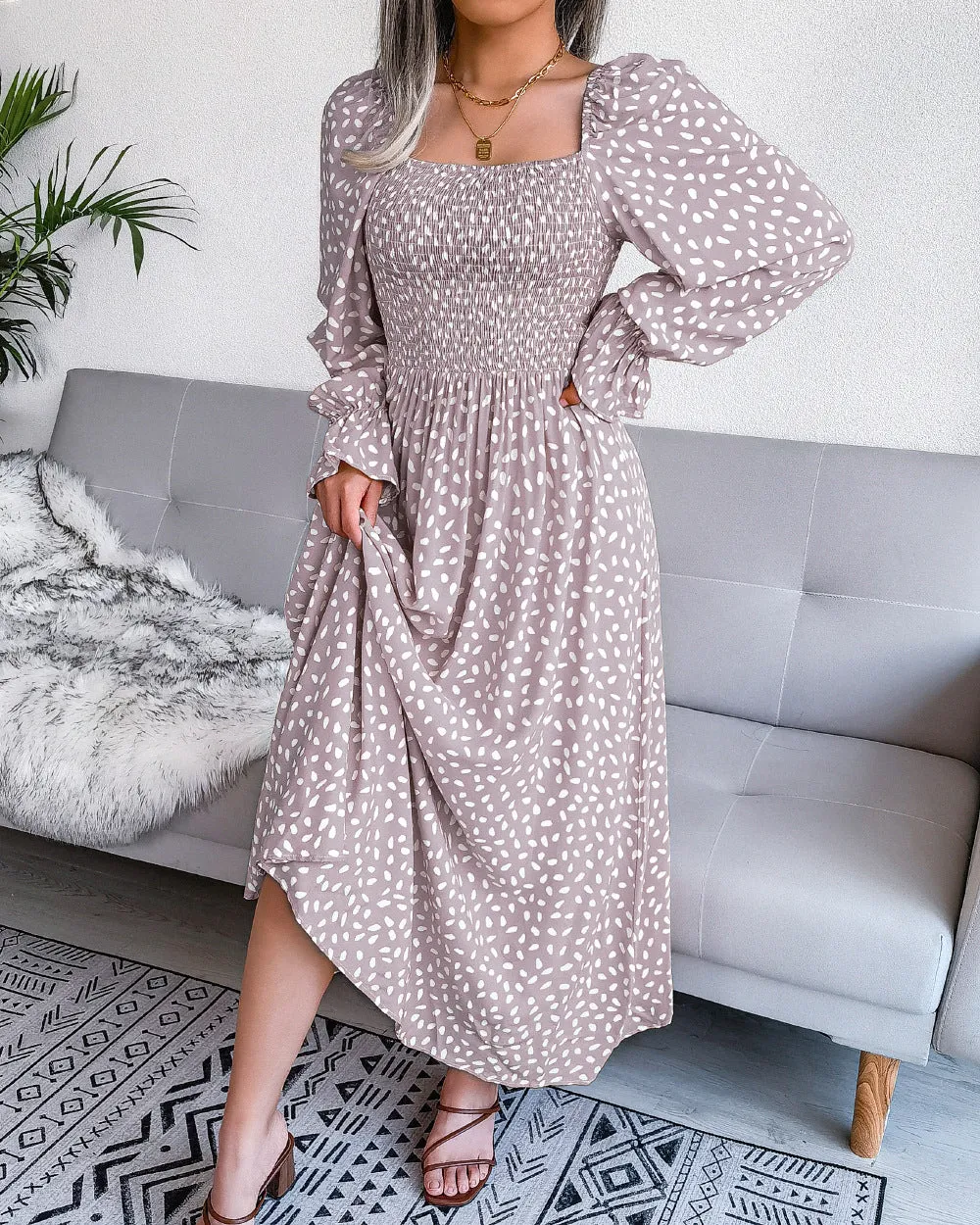 Wholesale Maxi Dress Polka Dots Lantern Sleeves