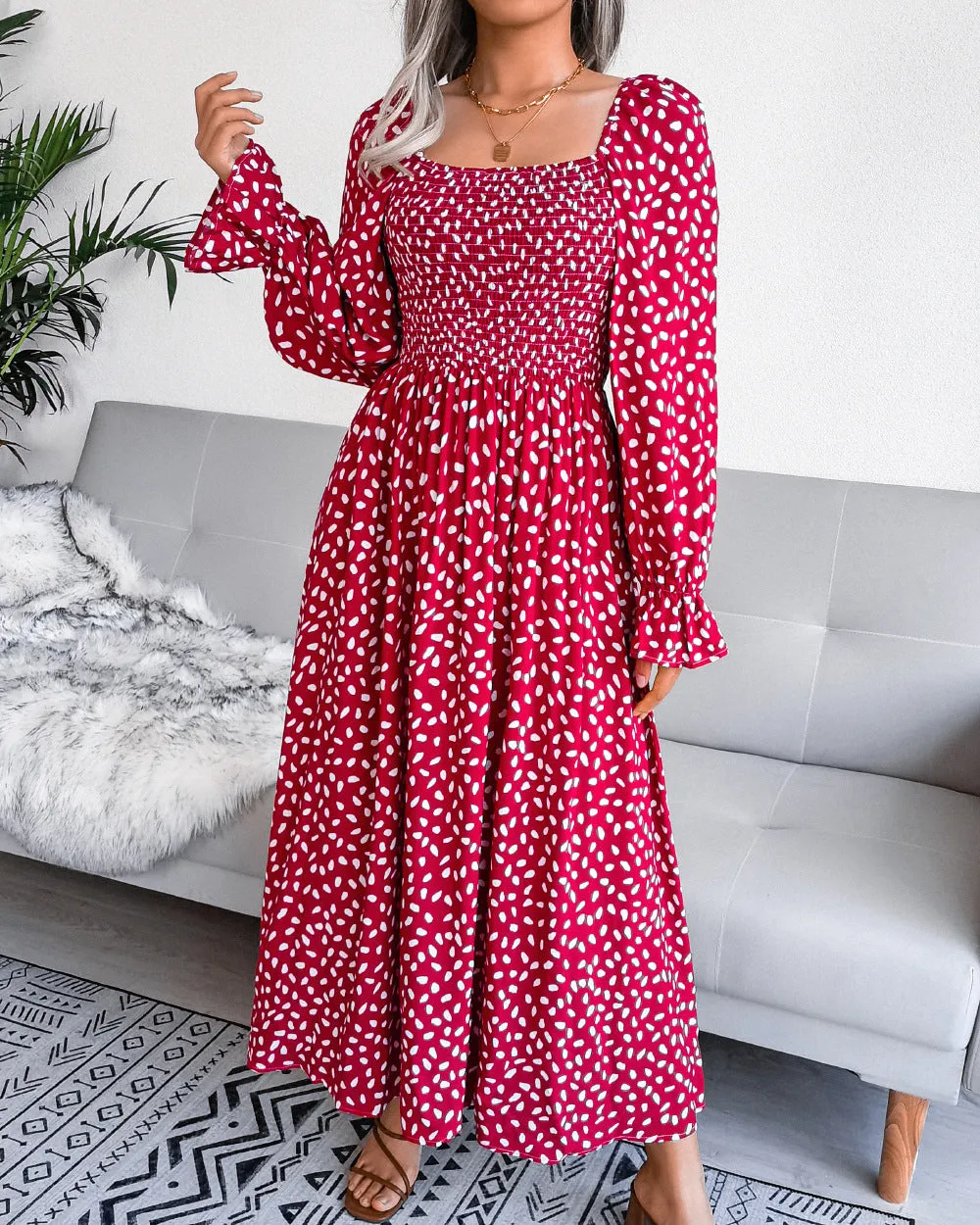 Wholesale Maxi Dress Polka Dots Lantern Sleeves