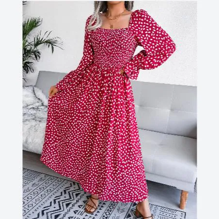 Wholesale Maxi Dress Polka Dots Lantern Sleeves